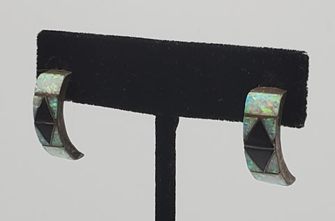 Opal and Black Onyx Inlaid C-Hoop Vintage Earrings