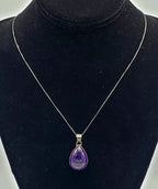 Amethyst Pear Cabochon Sterling Silver Pendant on Sterling Silver Chain Necklace - 18.5"