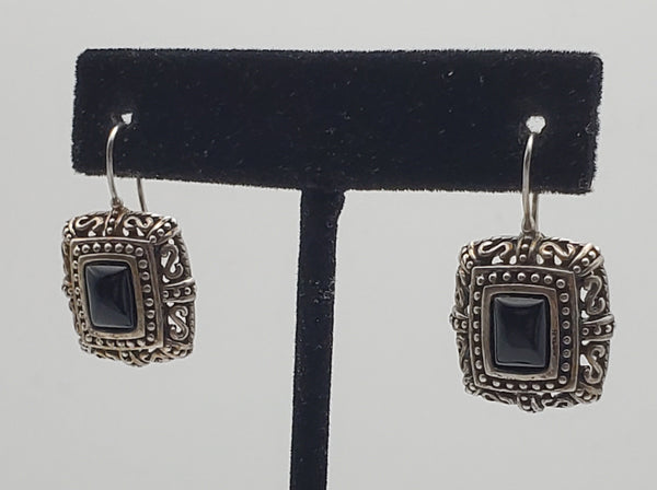 Vintage Black Onyx Cabochon Pierced Design Sterling Silver Drop Earrings