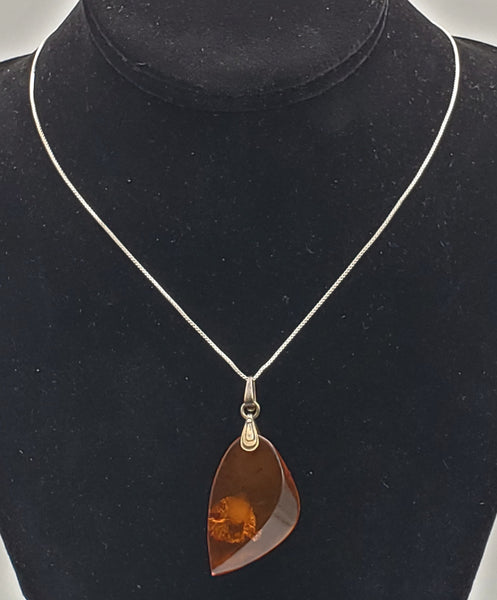 Vintage Soviet Amber Modernist Freeform Sculpted Pendant on Sterling Silver Necklace - 16.25"