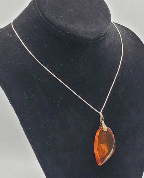 Vintage Soviet Amber Modernist Freeform Sculpted Pendant on Sterling Silver Necklace - 16.25"