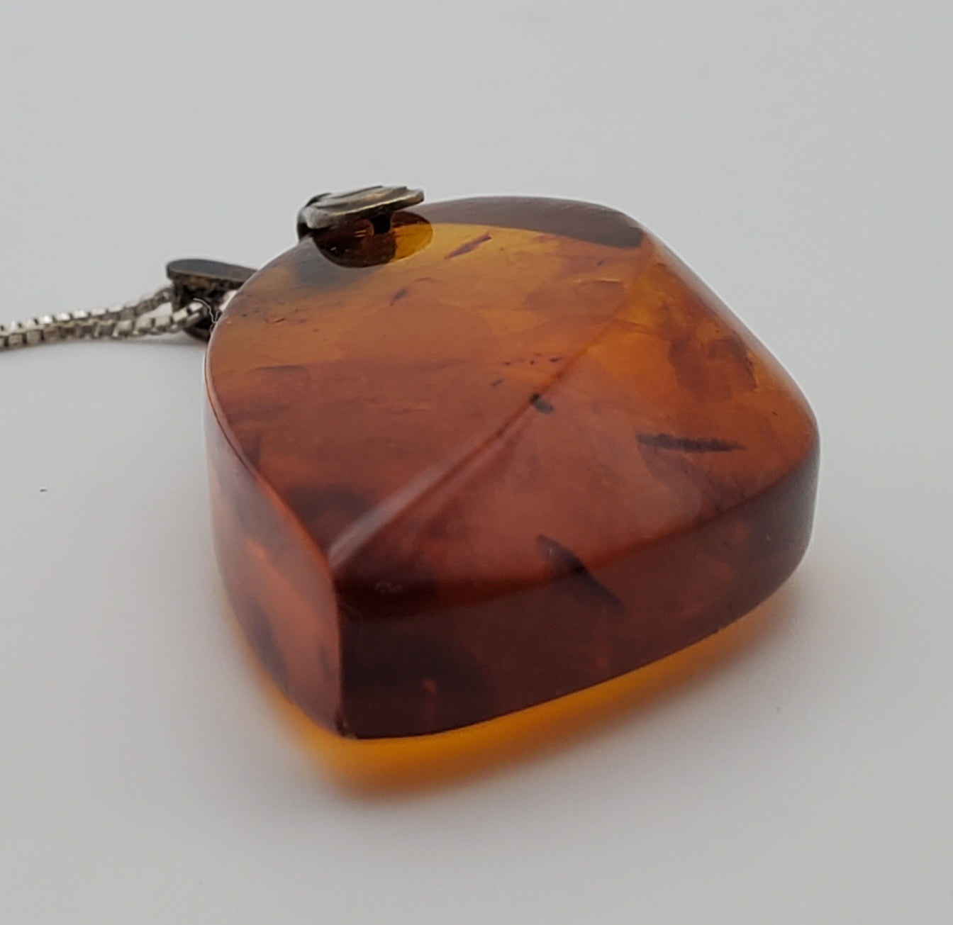 Vintage Soviet Amber Modernist Freeform Sculpted Pendant on Sterling Silver Necklace - 16.25"