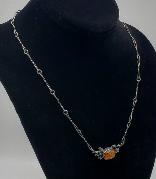 Beautiful Vintage Amber Sterling Silver Pendant Necklace - 19.5"