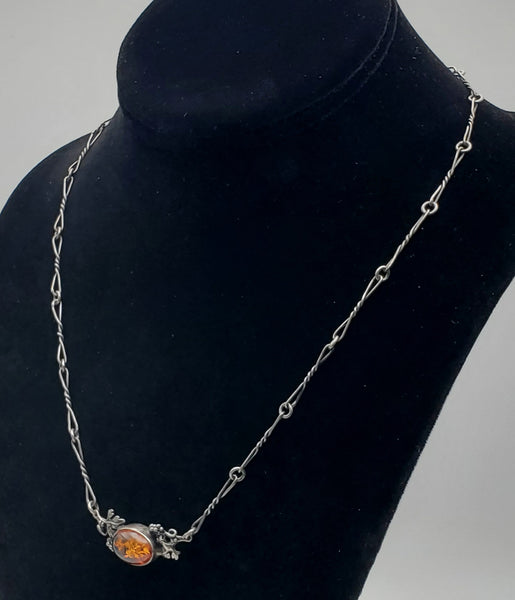 Beautiful Vintage Amber Sterling Silver Pendant Necklace - 19.5"
