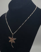 Vintage Amber Cabochon Dragonfly Sterling Silver Pendant on Sterling Silver Chain Necklace - 16"