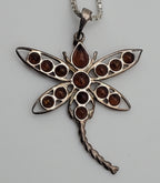 Vintage Amber Cabochon Dragonfly Sterling Silver Pendant on Sterling Silver Chain Necklace - 16"