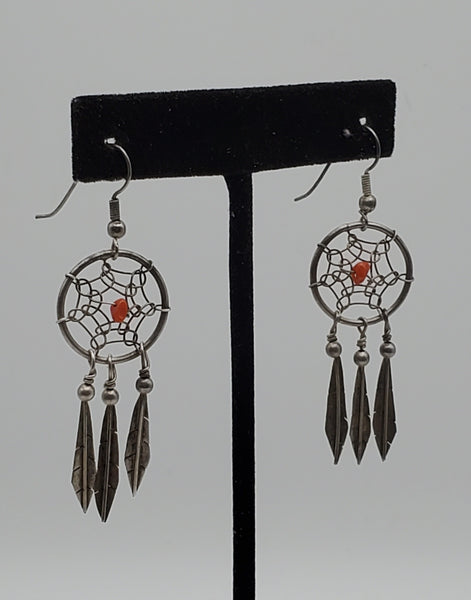 Vintage Silver and Coral Dreamcatcher Earrings