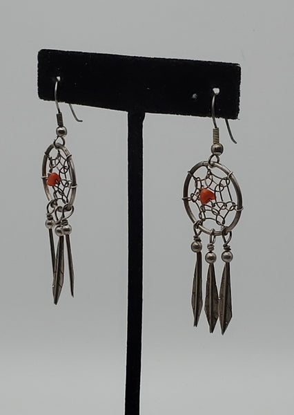 Vintage Silver and Coral Dreamcatcher Earrings