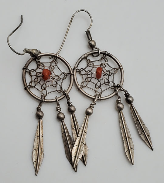 Vintage Silver and Coral Dreamcatcher Earrings