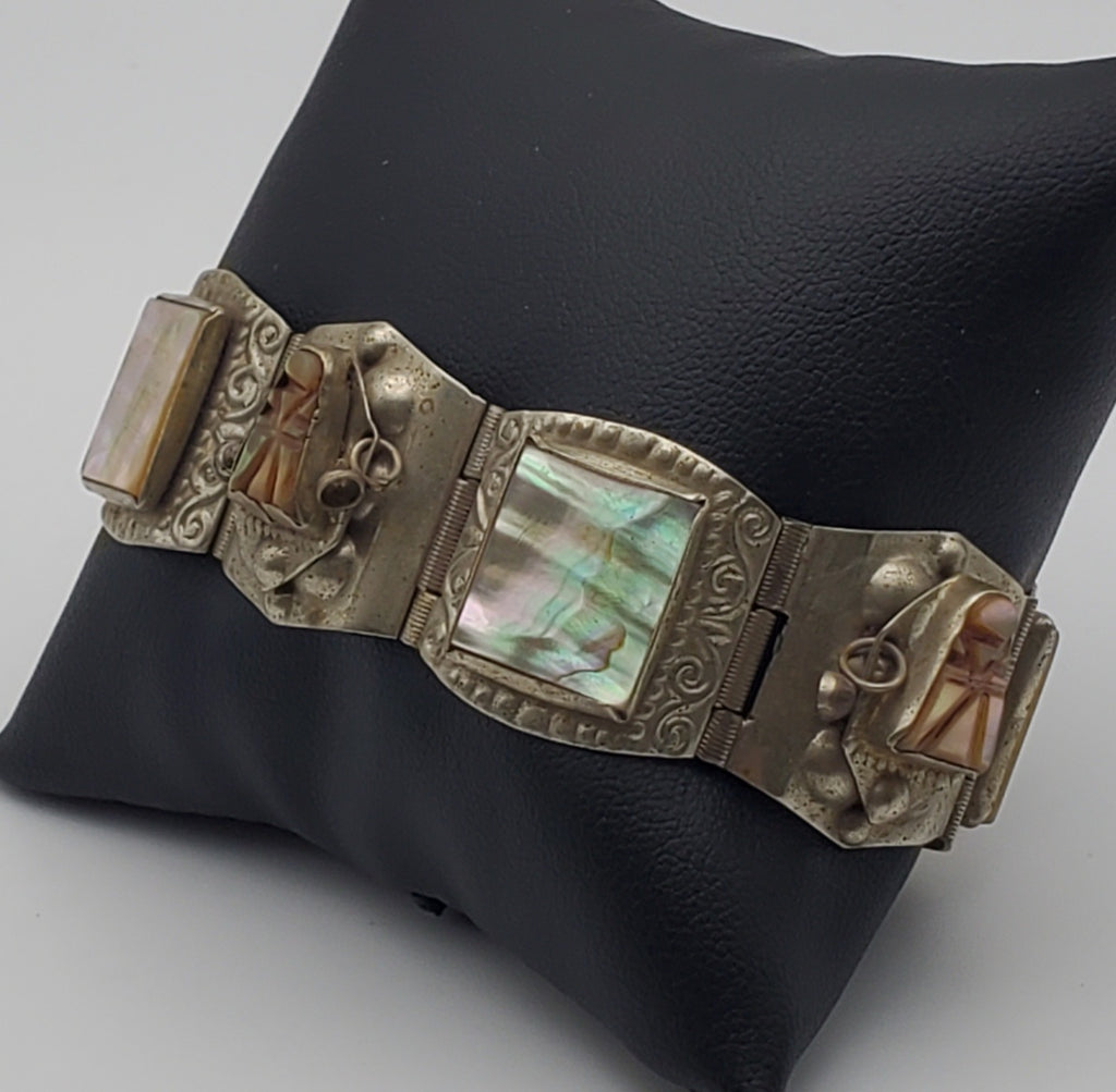 Vintage Handmade Mexican Carved Abalone Shell Panel Link Bracelet - 7"