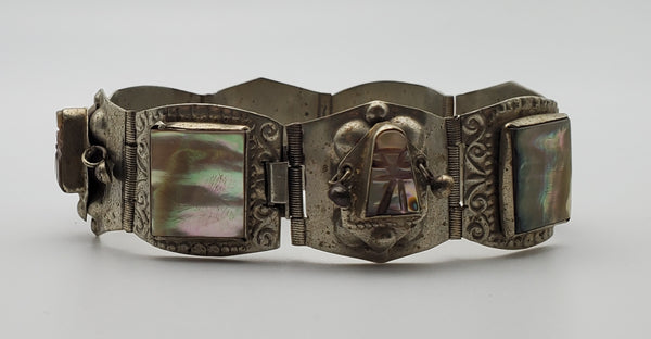 Vintage Handmade Mexican Carved Abalone Shell Panel Link Bracelet - 7"