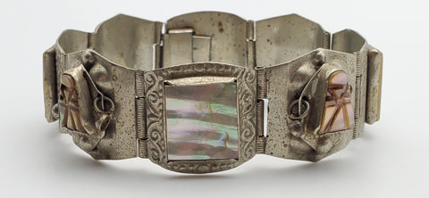 Vintage Handmade Mexican Carved Abalone Shell Panel Link Bracelet - 7"