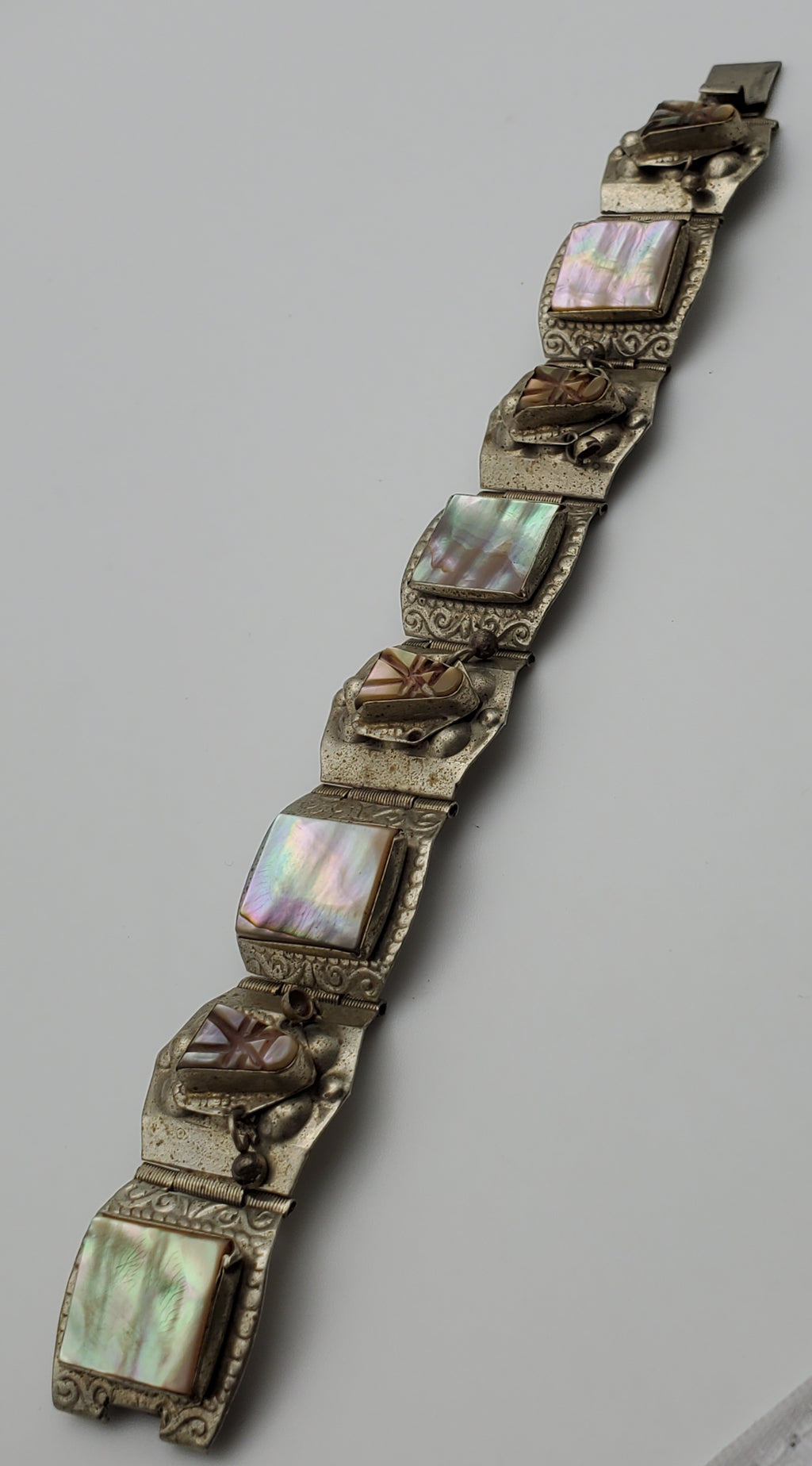 Vintage Handmade Mexican Carved Abalone Shell Panel Link Bracelet - 7"