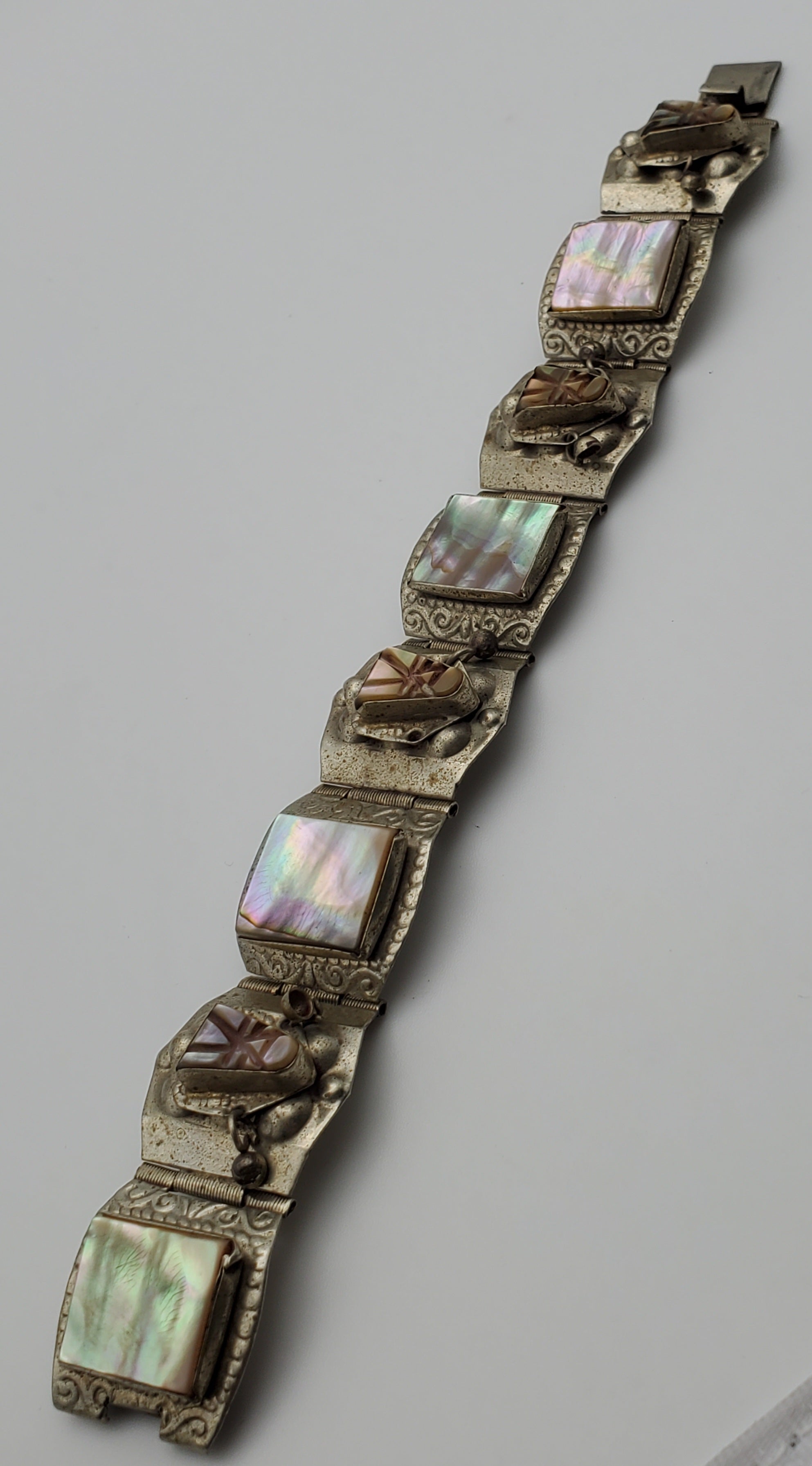 Vintage Handmade Mexican Carved Abalone Shell Panel Link Bracelet - 7"