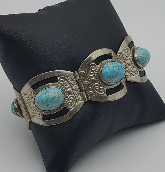 Vintage Handmade Sterling Silver Faux Turquoise Cabochon Panel Link Bracelet