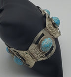 Vintage Handmade Sterling Silver Faux Turquoise Cabochon Panel Link Bracelet