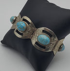 Vintage Handmade Sterling Silver Faux Turquoise Cabochon Panel Link Bracelet