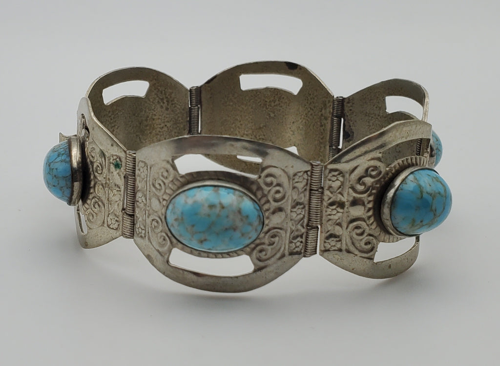 Vintage Handmade Sterling Silver Faux Turquoise Cabochon Panel Link Bracelet