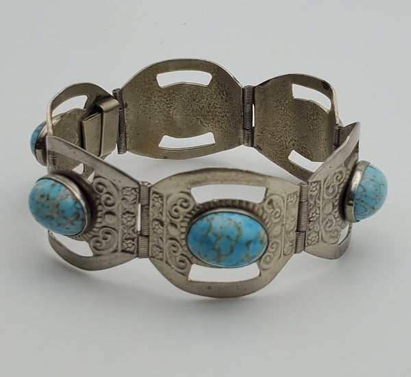 Vintage Handmade Sterling Silver Faux Turquoise Cabochon Panel Link Bracelet