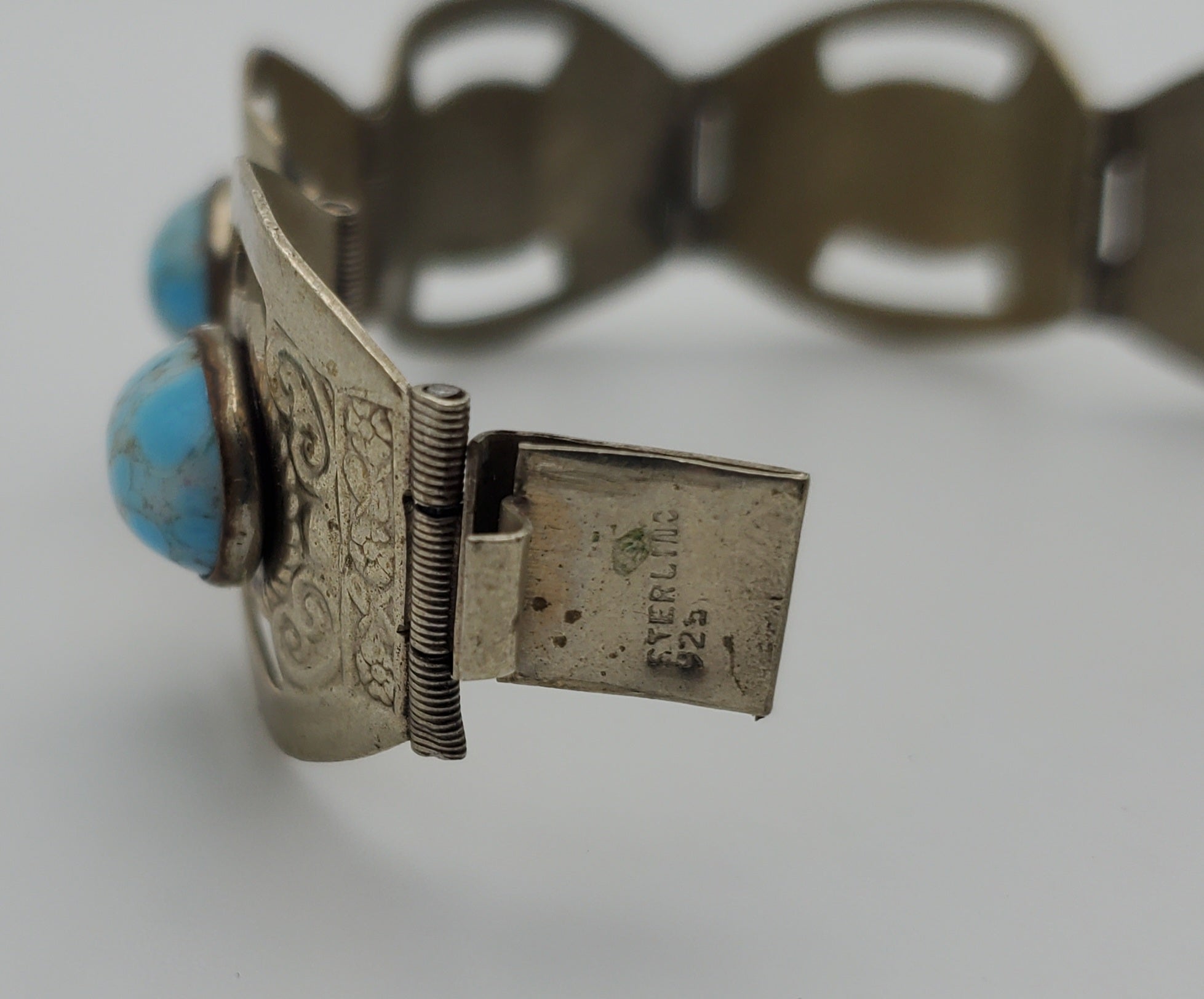 Vintage Handmade Sterling Silver Faux Turquoise Cabochon Panel Link Bracelet