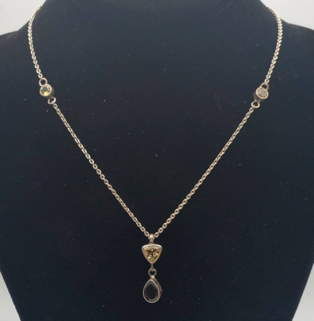 Vintage Citrine and Smoky Quartz Sterling Silver Pendant Chain Necklace