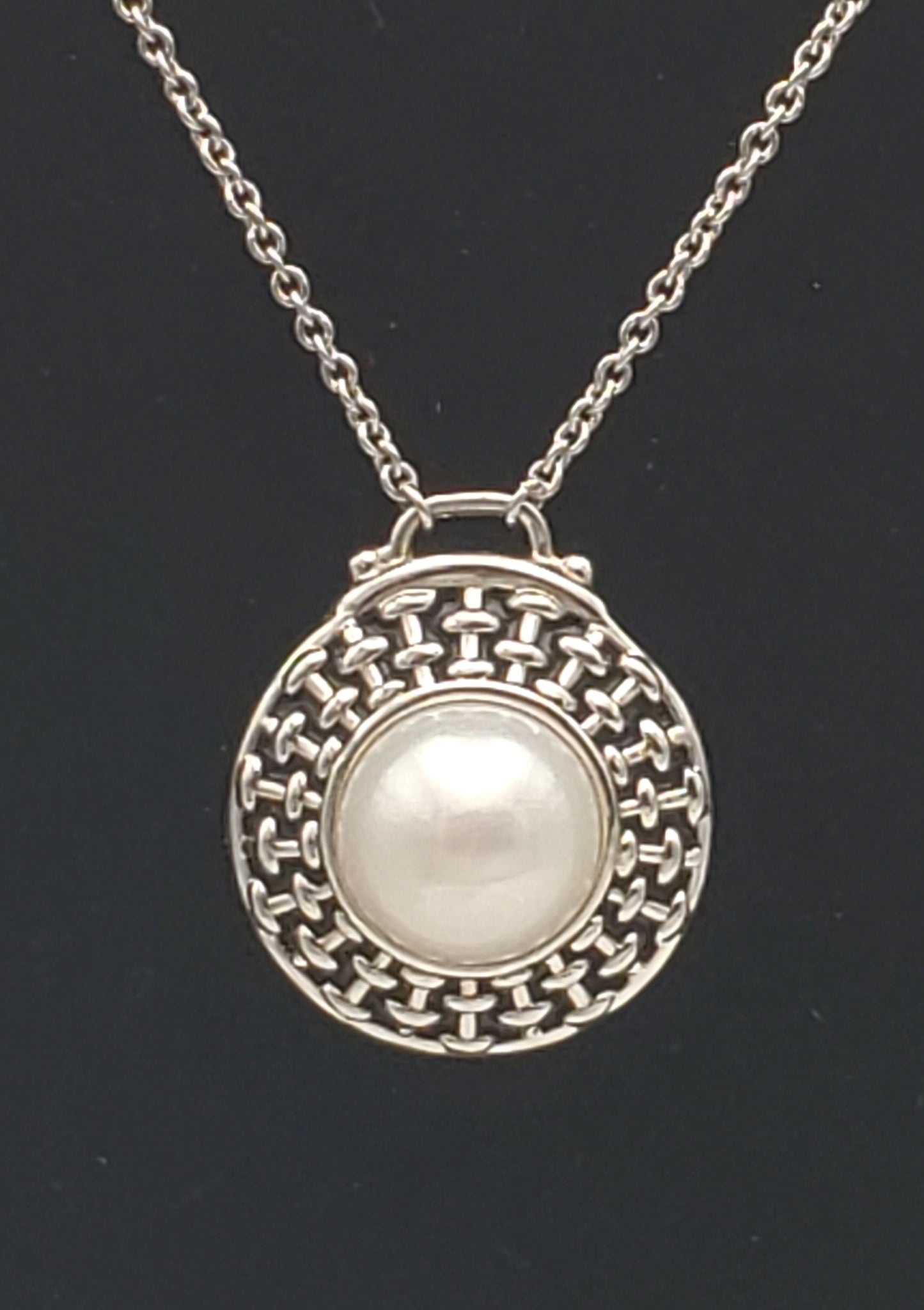 Pearl Basketweave Sterling Silver Pendant Chain Necklace - 18"