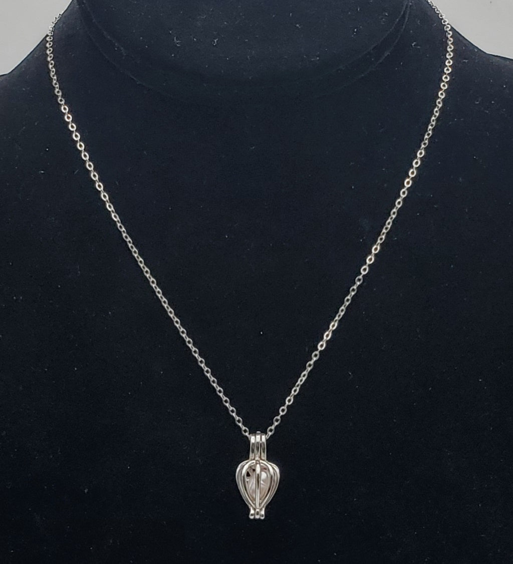 Pink Pearl Heart Cage Pendant on Sterling Silver Chain Necklace - 16.5"