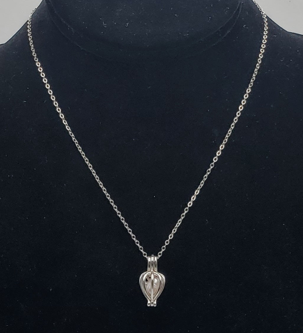 Pink Pearl Heart Cage Pendant on Sterling Silver Chain Necklace - 16.5"