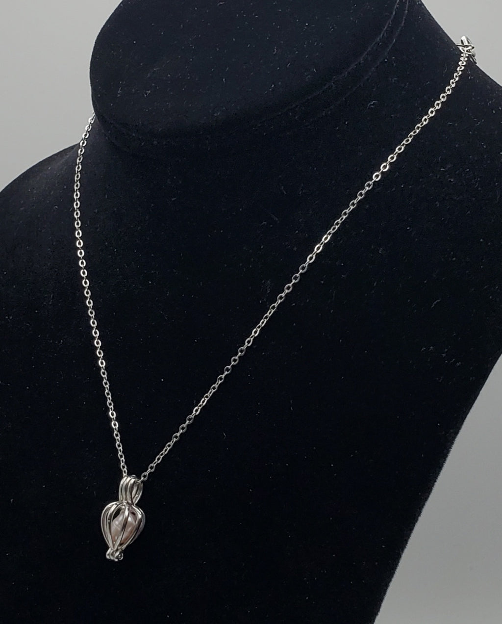 Pink Pearl Heart Cage Pendant on Sterling Silver Chain Necklace - 16.5"