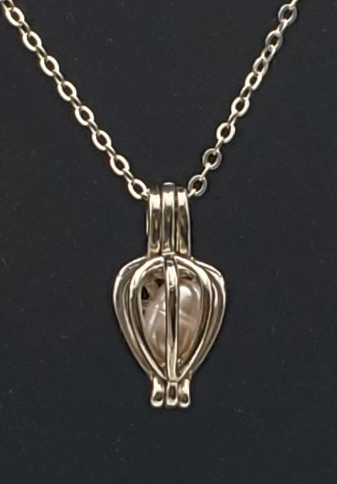 Pink Pearl Heart Cage Pendant on Sterling Silver Chain Necklace - 16.5"