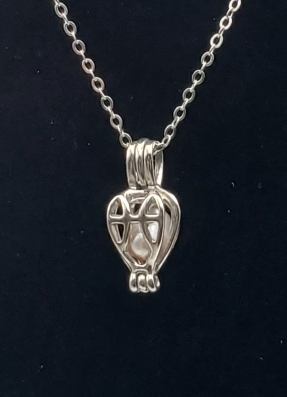 Pink Pearl Heart Cage Pendant on Sterling Silver Chain Necklace - 16.5"