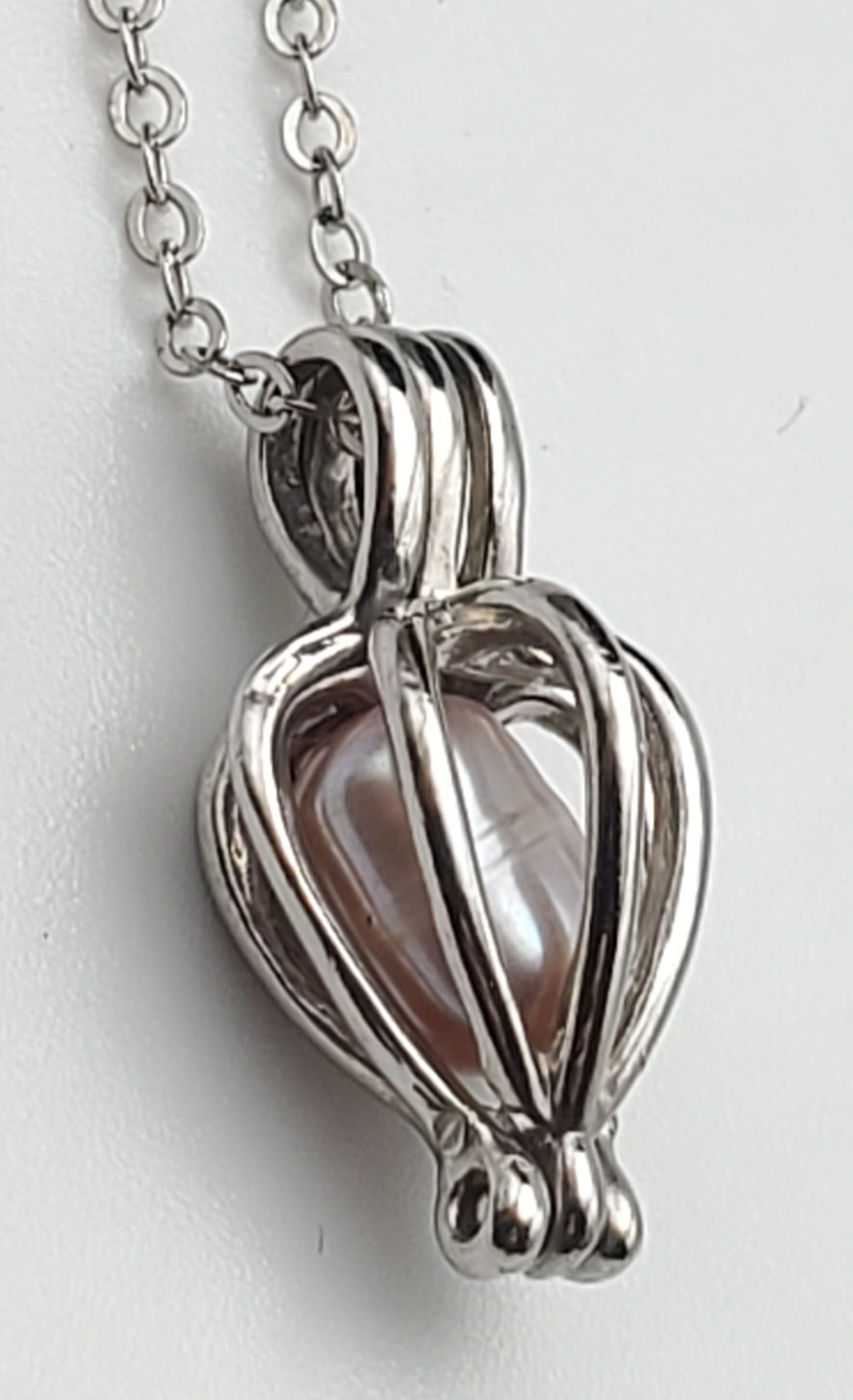 Pink Pearl Heart Cage Pendant on Sterling Silver Chain Necklace - 16.5"