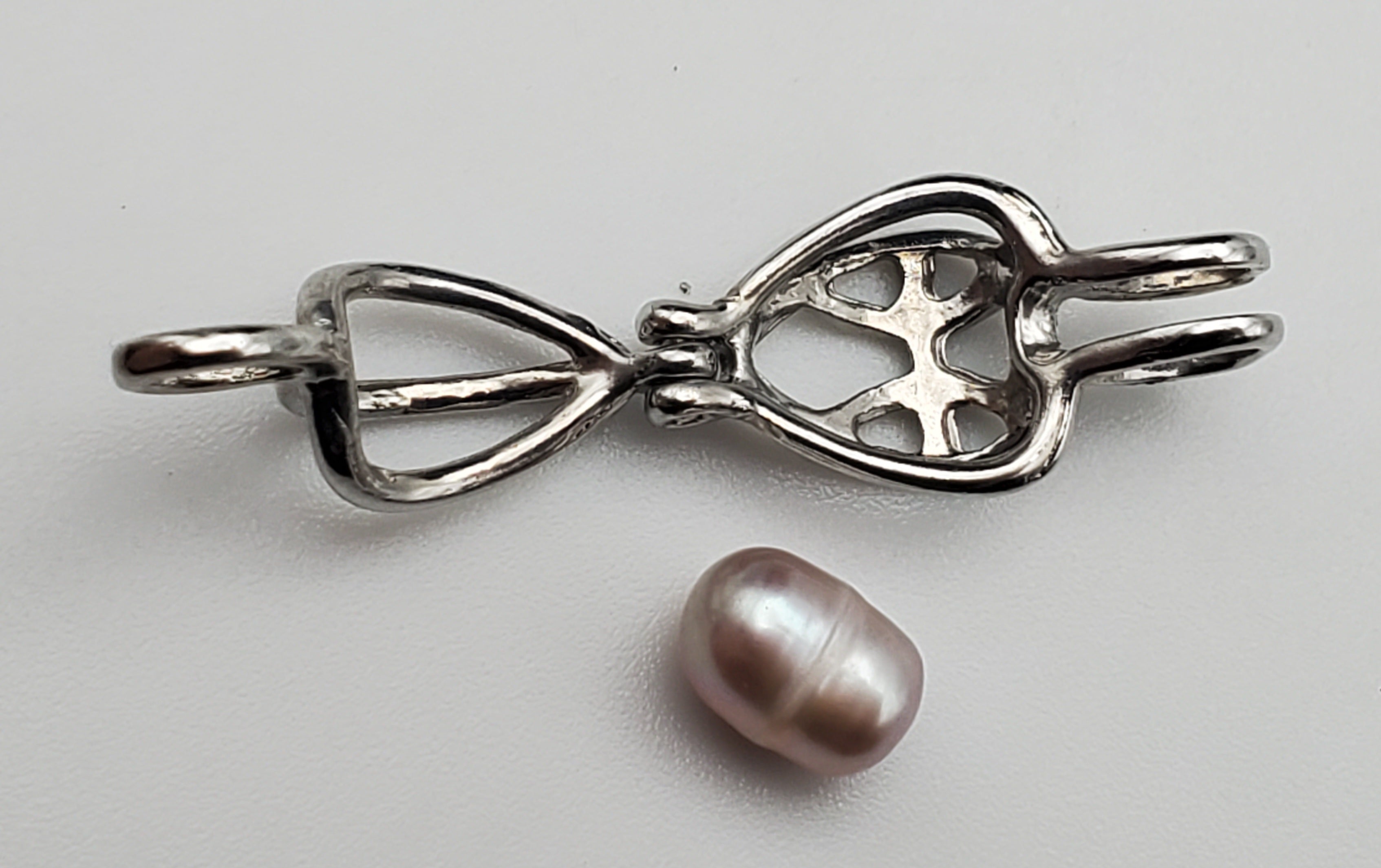 Pink Pearl Heart Cage Pendant on Sterling Silver Chain Necklace - 16.5"