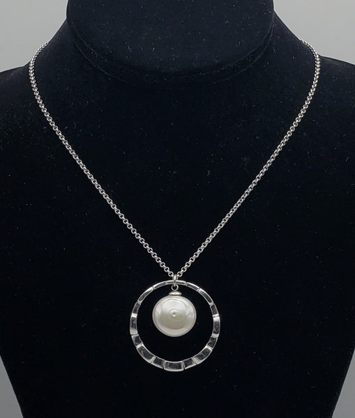 Large Faux Button Pearl Modern Sterling Silver Pendant on Sterling Silver Chain Necklace
