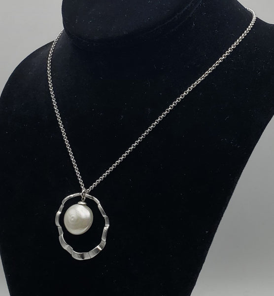 Large Faux Button Pearl Modern Sterling Silver Pendant on Sterling Silver Chain Necklace