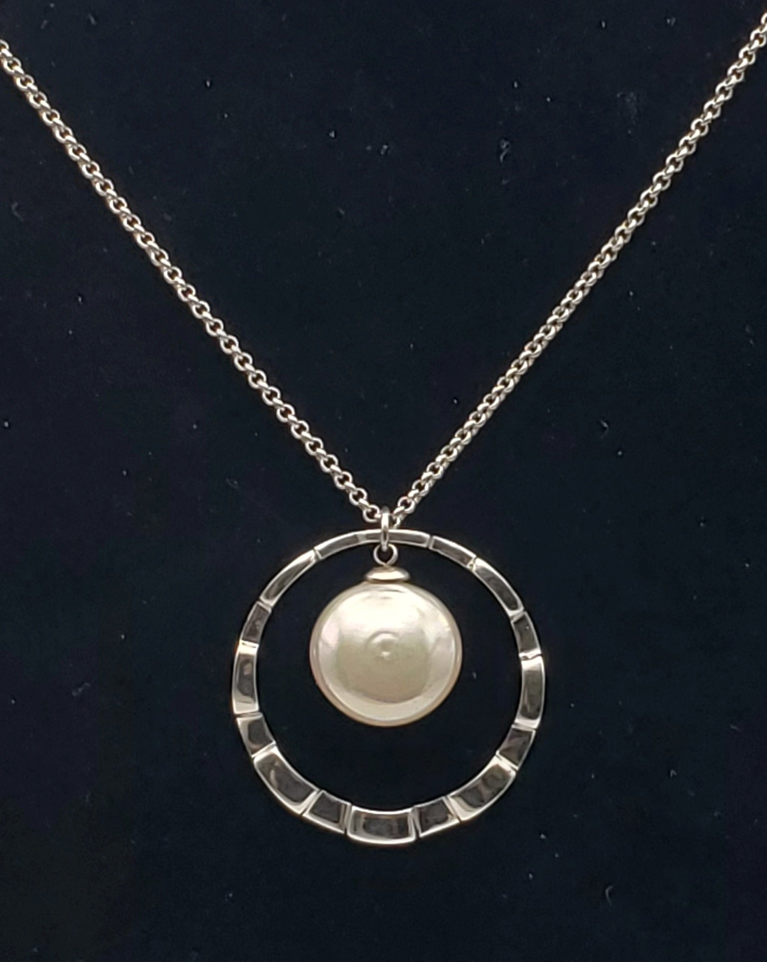 Large Faux Button Pearl Modern Sterling Silver Pendant on Sterling Silver Chain Necklace