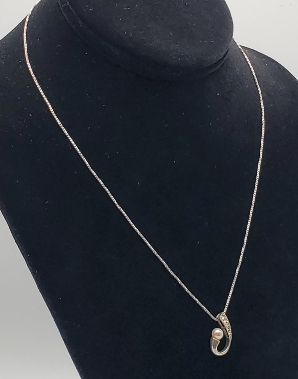 Vintage Faux Pearl and Rhinestone Sterling Silver Pendant on Sterling Silver Chain Necklace - 18"