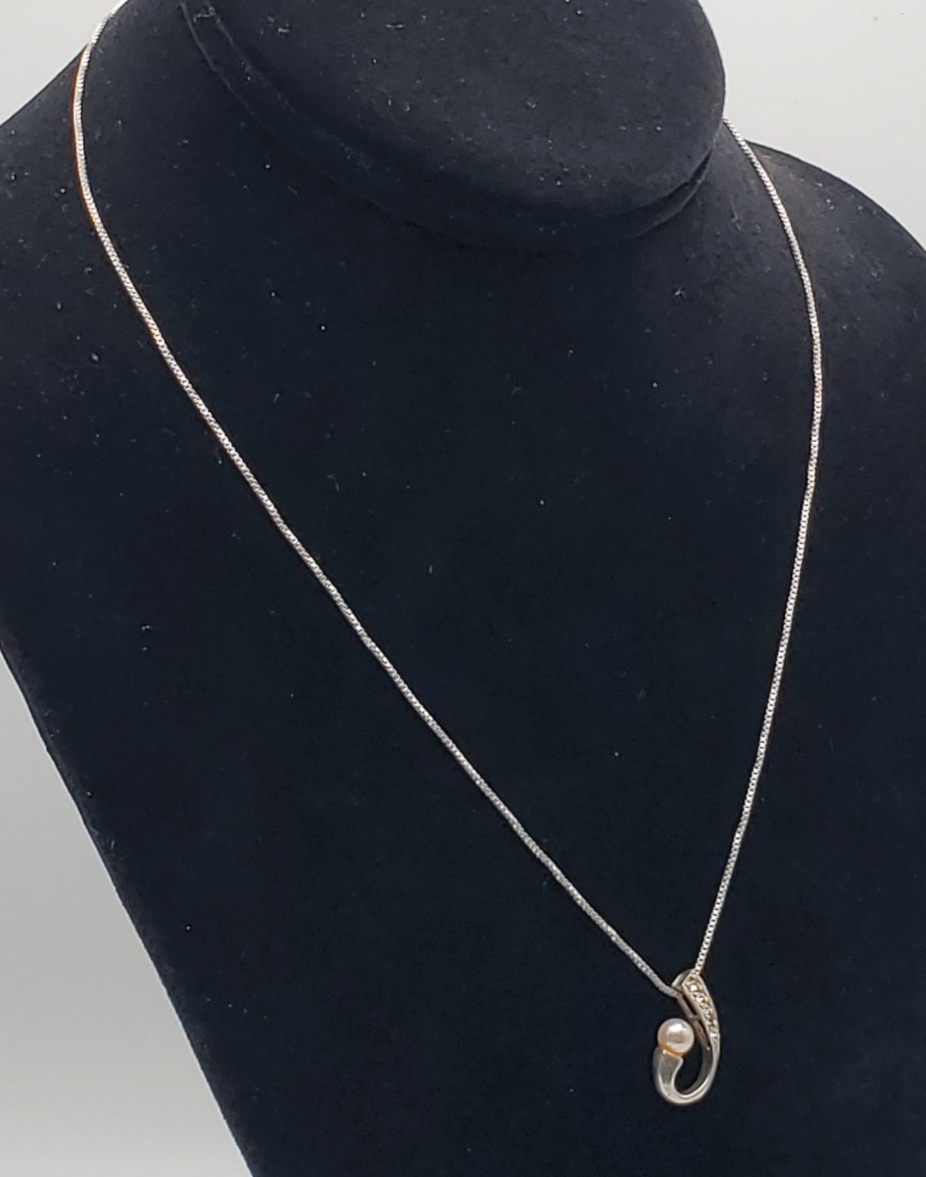 Vintage Faux Pearl and Rhinestone Sterling Silver Pendant on Sterling Silver Chain Necklace - 18"