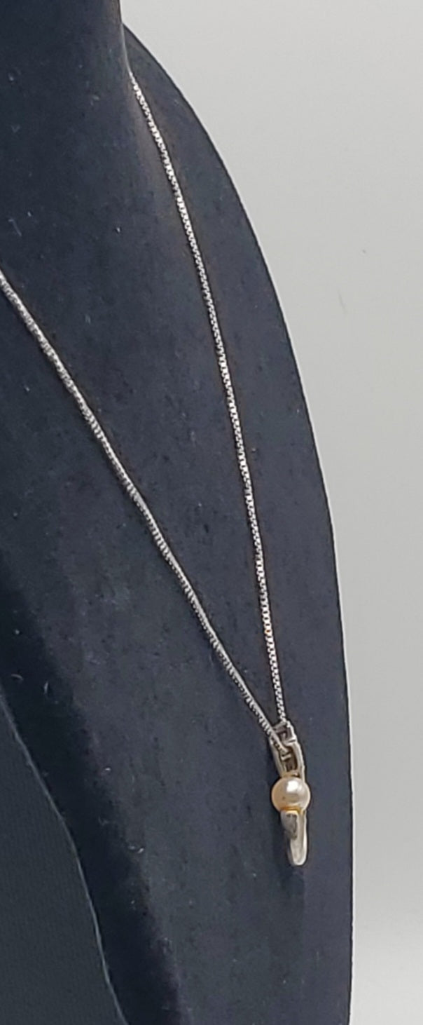 Vintage Faux Pearl and Rhinestone Sterling Silver Pendant on Sterling Silver Chain Necklace - 18"