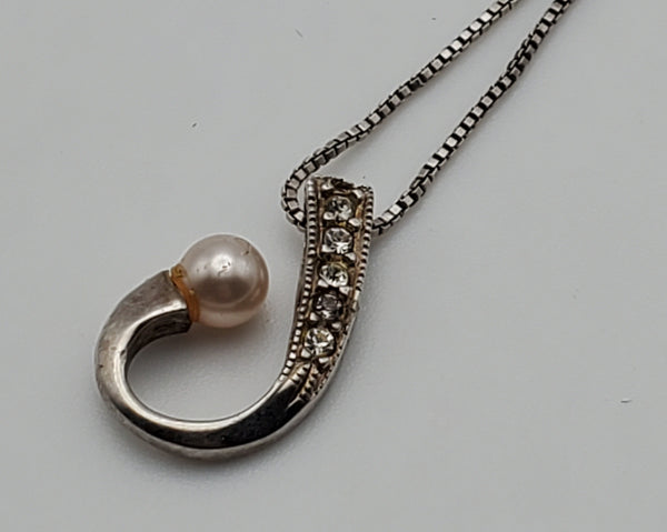 Vintage Faux Pearl and Rhinestone Sterling Silver Pendant on Sterling Silver Chain Necklace - 18"