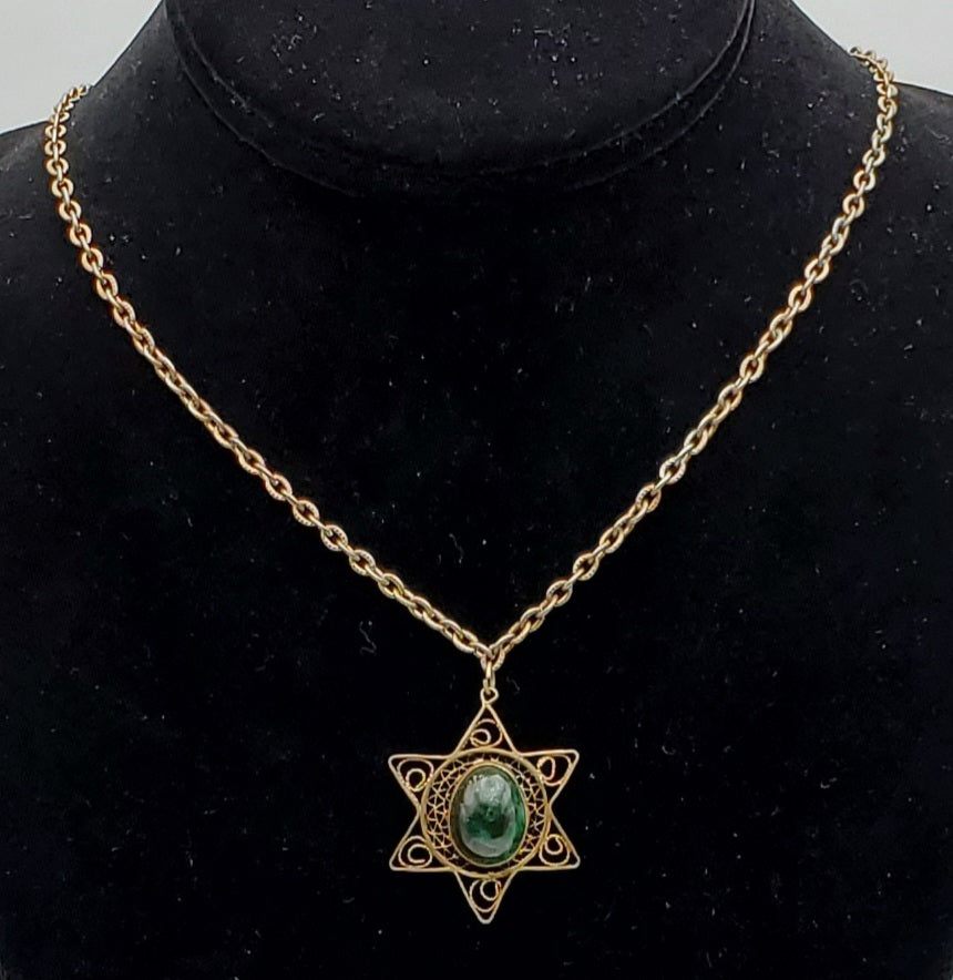 Vintage Eilat Stone Gold Tone Sterling Silver Filigree Star of David Pendant Chain Necklace - 24"