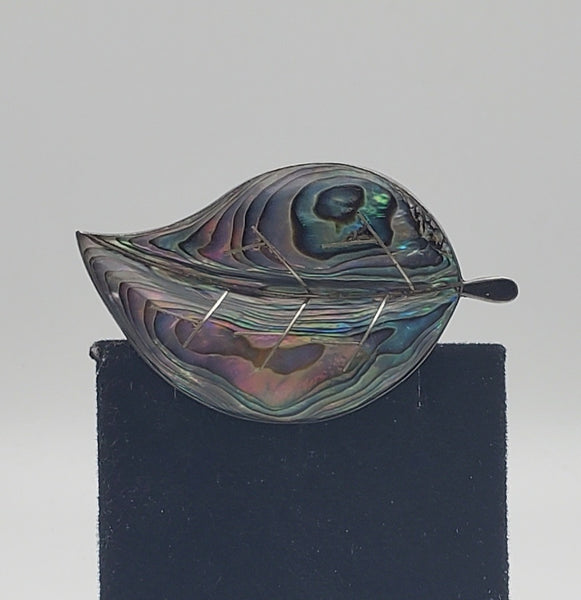 Beautiful Vintage Handmade Abalone Shell Sterling Silver Leaf Brooch