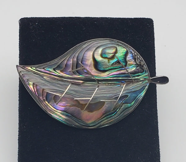 Beautiful Vintage Handmade Abalone Shell Sterling Silver Leaf Brooch