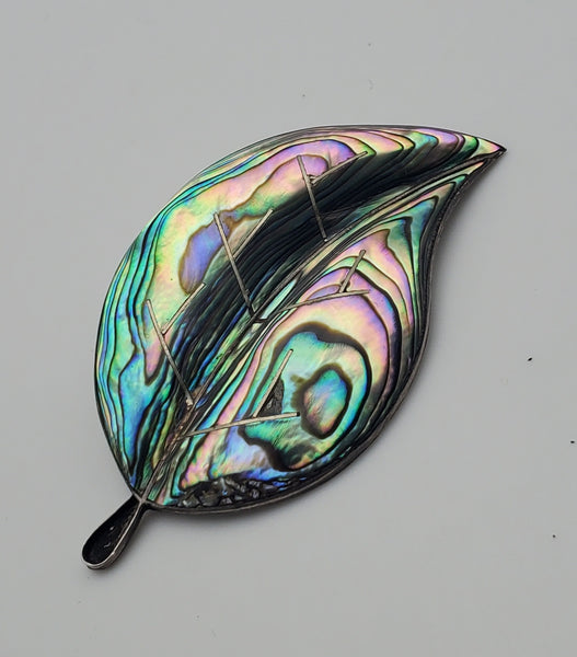 Beautiful Vintage Handmade Abalone Shell Sterling Silver Leaf Brooch