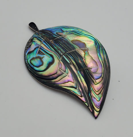 Beautiful Vintage Handmade Abalone Shell Sterling Silver Leaf Brooch