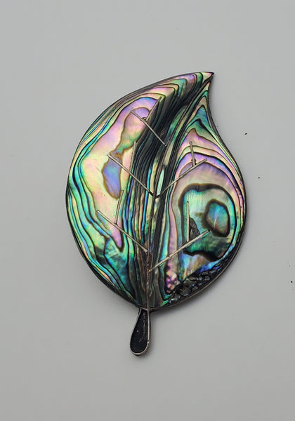 Beautiful Vintage Handmade Abalone Shell Sterling Silver Leaf Brooch