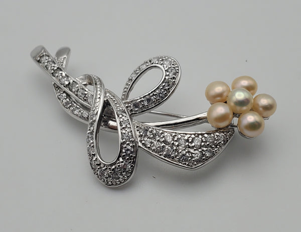 Sterling Silver and Pearls Floral Brooch