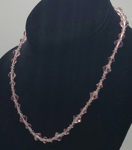 Faceted Cut Crystal Pink Glass Beaded Necklace with 10kt Gold Clasp - 16.5"