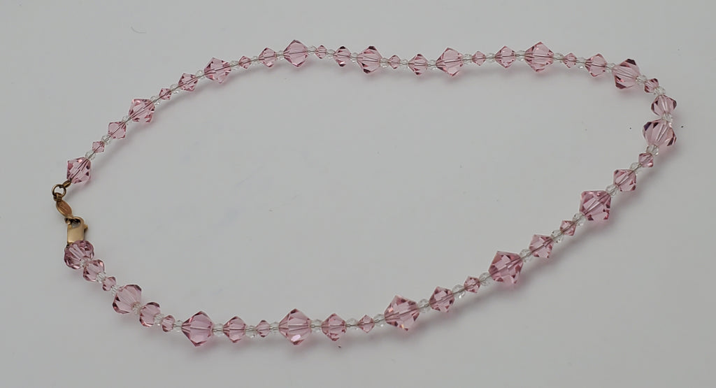 Faceted Cut Crystal Pink Glass Beaded Necklace with 10kt Gold Clasp - 16.5"