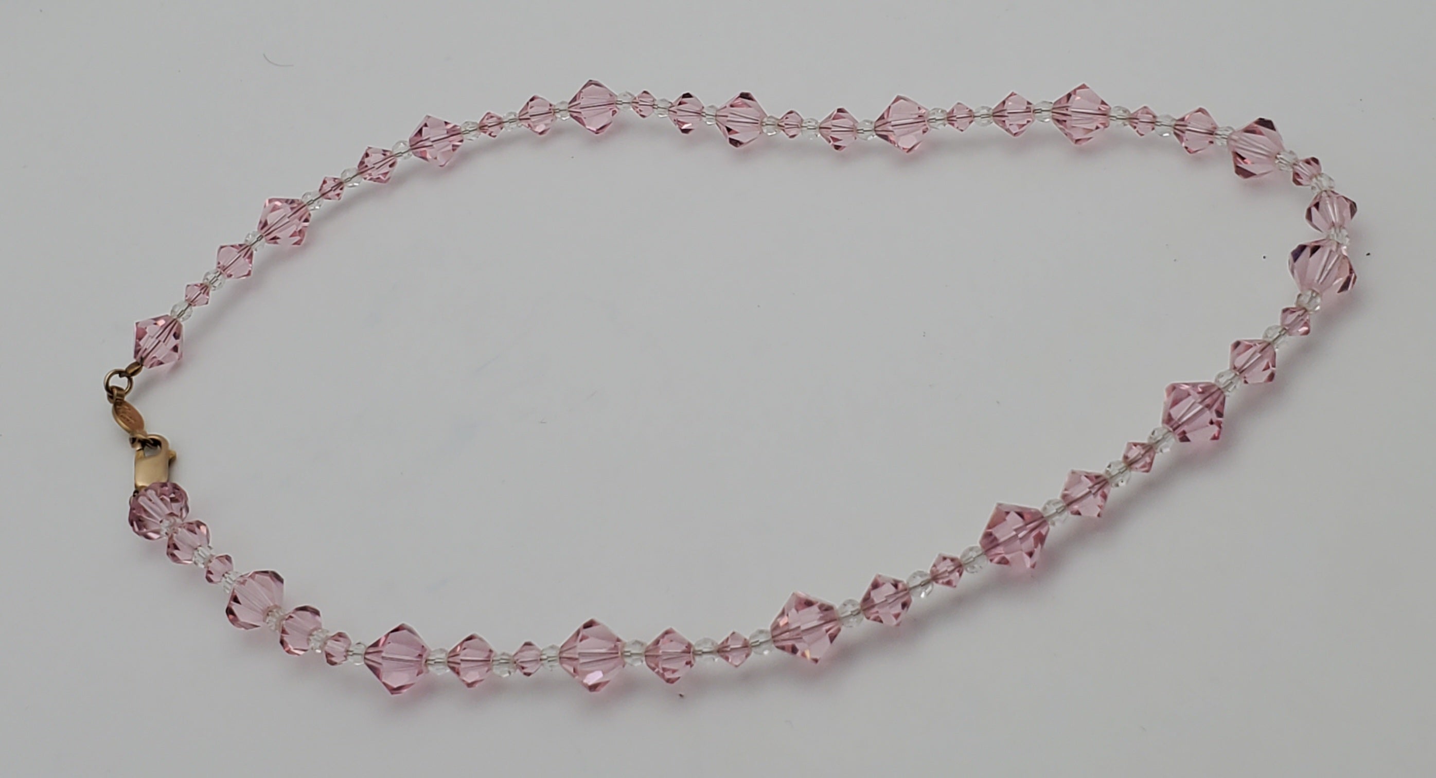 Faceted Cut Crystal Pink Glass Beaded Necklace with 10kt Gold Clasp - 16.5"